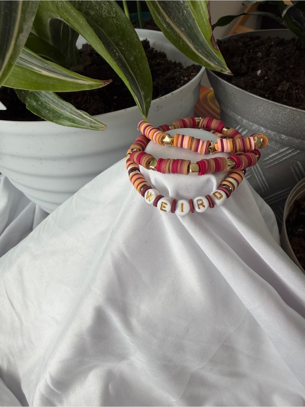 Pink Multicolor Heishi Beaded Bracelet Set with 'WEIRD' Letter Bead